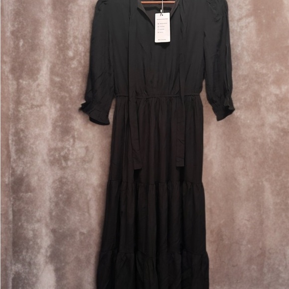 NWT Women's Casual Half Sleeve Tie V Neck Elastic High Neck Dress Black Size S - Picture 7 of 7